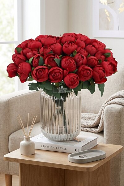 Yapay Çiçek Deposu Flori artificiale 18 buc Buchet de bujori 38 cm Roșu