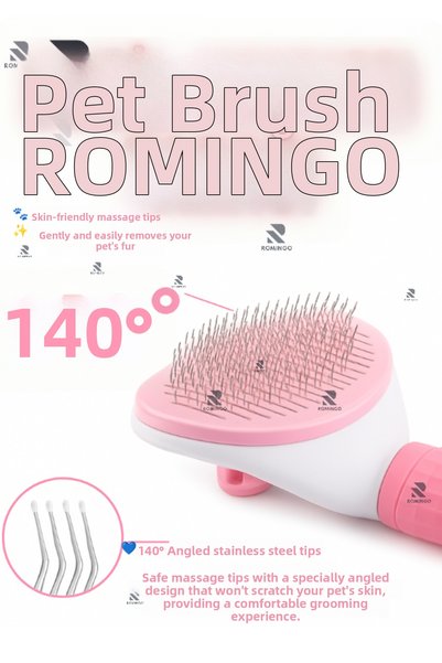 Romingo مشط لجمع شعر القطط والكلاب، مع زر تنظيف عملي، مشط بتأثير التدليك باللون الوردي