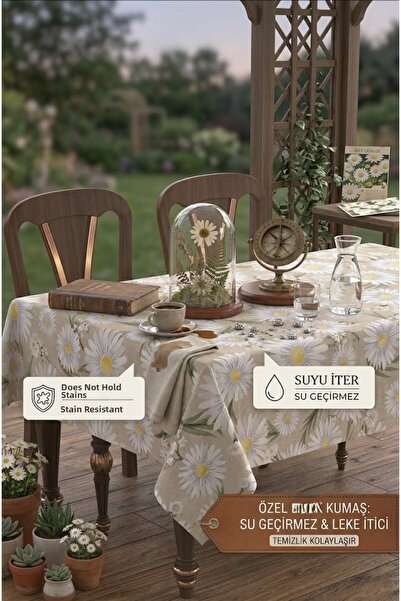 Rona Home Daisy Pattern Tablecloth Cream Linen Look Stain Resistant, High Qua...