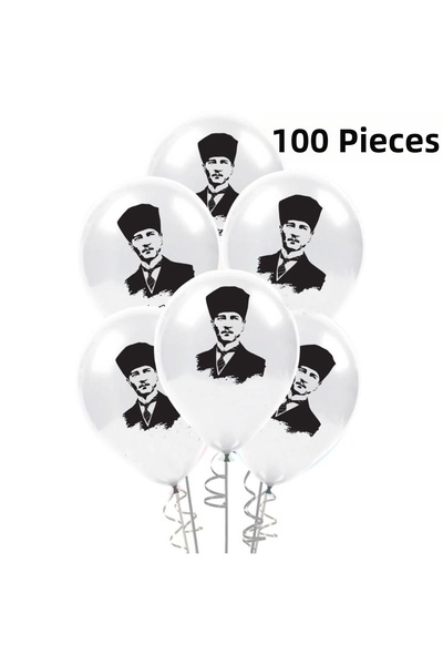 partidolu Ataturk Printed Latex Balloons Black on White Color 100 Pieces Show