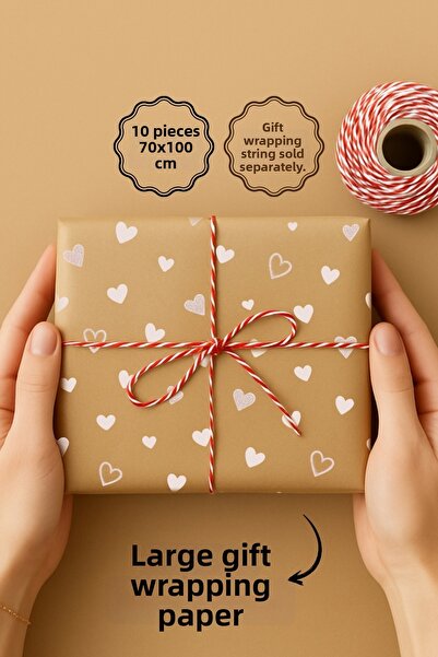 Bimotif 10 قطع من الورق المغلف، 70 × 100 سم، نمط قلب، كرافت-أبيض