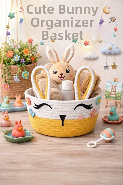 Mirabest Bunnybox Coș Organizator din Sfoară de Iută Galbenă cu Iepuraș Drăguț