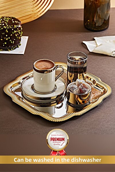 Oruç Oyuncak Coffee Cup Set with Tray Gold Porcelain Cup Set Groom Coffee- Pr...