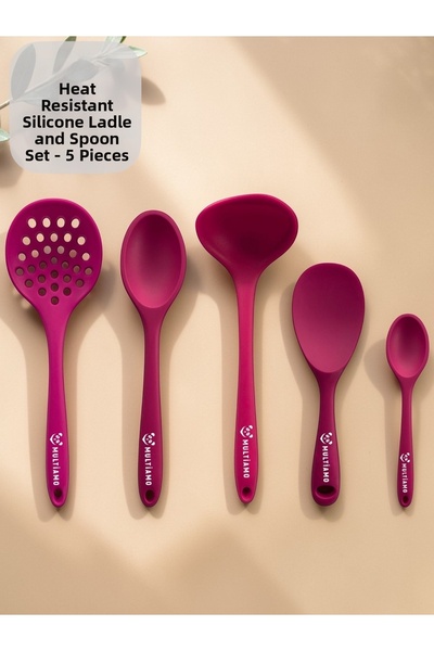 Multiamo مجموعة مغرفة مصفاة سيليكون مقاومة للحرارة 5 قطع 2 ملعقة 8 سم / 22 سم...