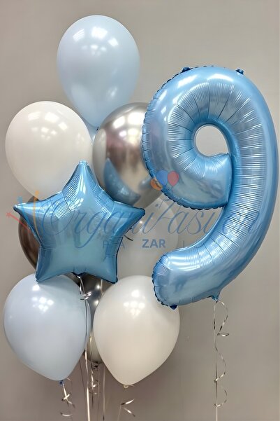 Organizasyon Pazarı Light Blue 9 Year Old Number Balloon Set Blue Star Foil B...