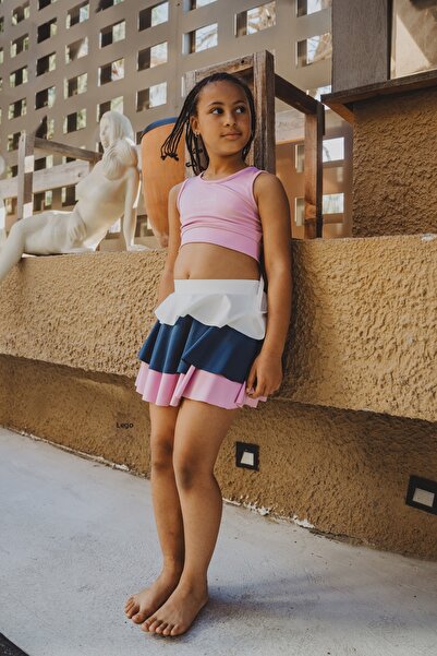 Minipodyum Girl's Sports Top and Bottom Set with Layered Shorts and Skirt