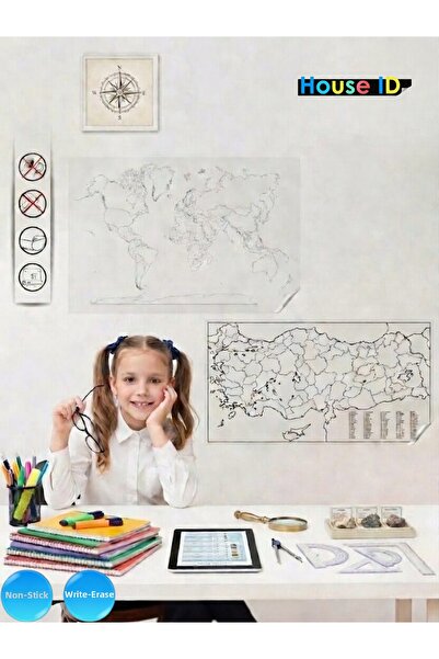 House ID Türkiye & World Map Smart Wall Board Writeable and Erasable Non-Adhe...