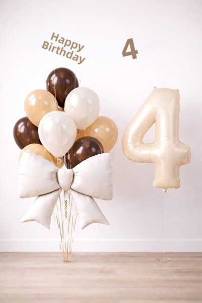 Patladı Gitti Cream Bow 4Th Birthday Balloon Set