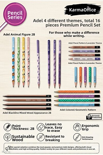 Adel Premium Pencil Set 16 Pieces 2B – Ergonomic, Durable, Erasable, School O...