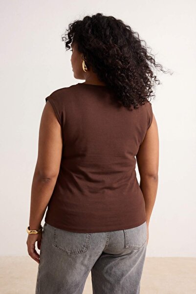 Trendyol Curve Bluză tricotată interlock cu guler pătrat și detaliu centură m...