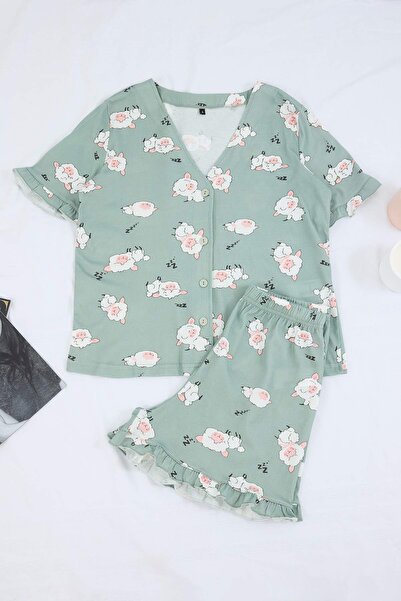 Συλλογή Trendyol Σετ πιτζάμες με βολάν και σχέδιο αρνιού, 100% βαμβάκι, με θέ...