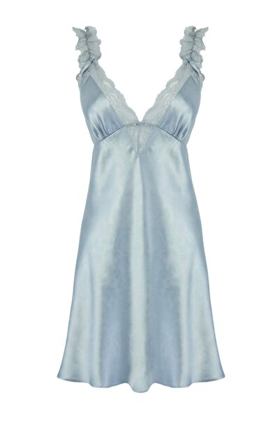 Trendyol Kollektion Hellblaues, mit Blumenmuster verziertes, aus Satin gewebt...