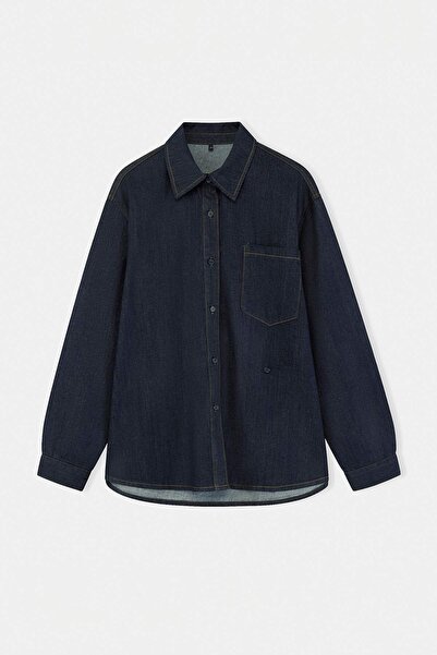 Trendyol Curve Dunkelblaues, detailliertes Jeanshemd aus 100 % Baumwolle ohne...