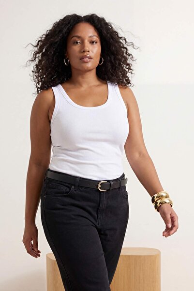 Trendyol Curve White Pool Collar Basic Camisole Knitted Plus Size Undershirt ...