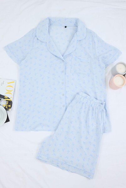 Trendyol Curve Μπλε με ρέλι Κορδέλα Με σχέδιο Γιακάς πουκαμίσου Υφαντό Σετ Πι...