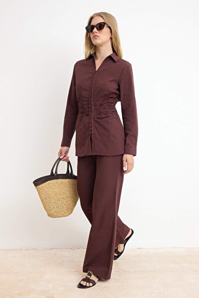 Trendyol Modest Brown Fitted Terrycotton Plain Woven Drawstring Detailed Hija...