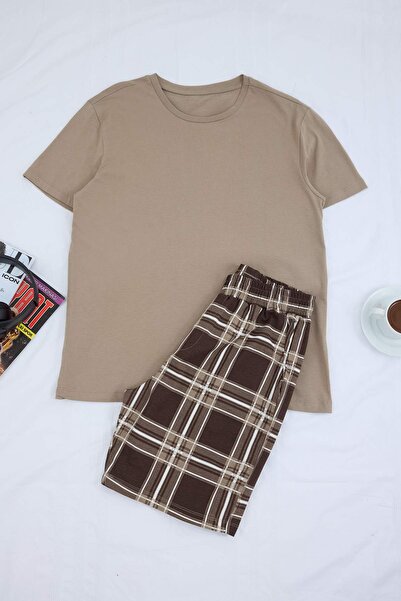 Trendyol Collection Beige Regular Plaid/Cotton Knitted Pajama Set Tmnss26Pt00047