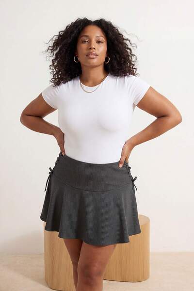 Trendyol Curve Anthracite Lace Detailed Woven Plus Size Skirt Tbbss26Ap00025