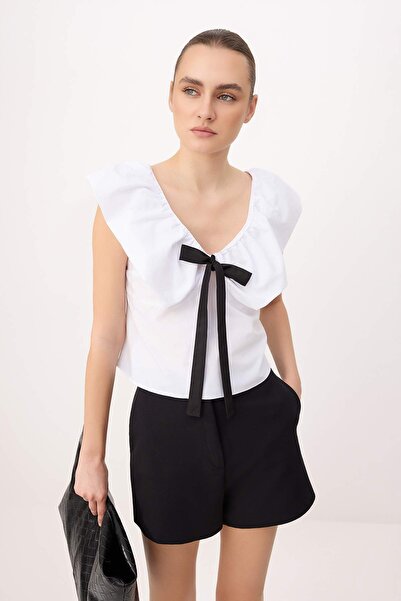 Συλλογή Trendyol Λευκός φιόγκος και μπλούζα Λεπτομέρεια με βολάν Ποπλίνα Υφαν...