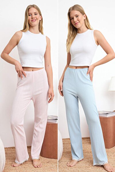 Trendyol Collection طقم بيجامة منسوجة من القطن بنسبة 100% باللونين الوردي وال...