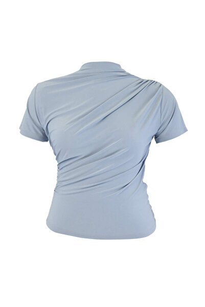 Trendyol Curve Bluză gri guler ridicat cu încrețituri Sandy din material subț...