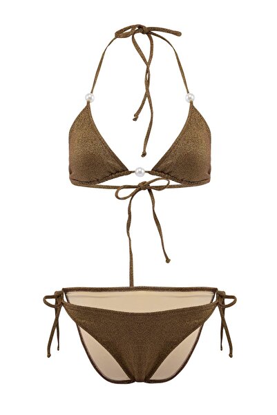 Trendyol Kollektion Braunes Glitzer-Dreieck-Bikini-Set mit Perlen-Accessoires...