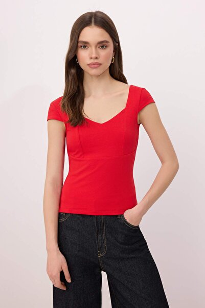 Trendyol Collection Bluză roșie cu decolteu tip inimă mulat bumbac piese elas...