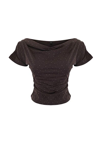 Trendyol Collection بلوزة محبوكة ناعمة فاخرة ذات ياقة عادية وتفاصيل حجرية بلو...