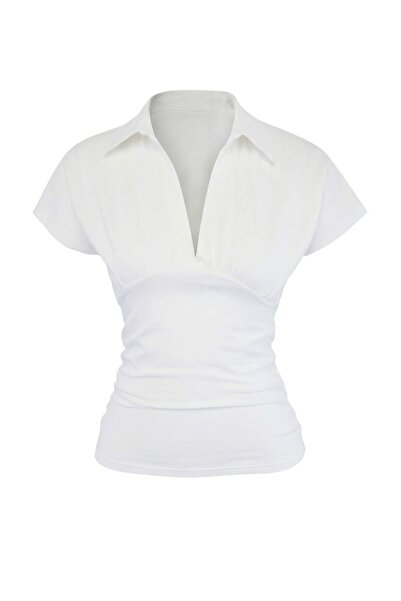 Trendyol Collection Bluză tricotată din bumbac 100% cu guler polo, mânecă scu...