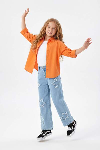 TRENDYOLKIDS Ice Blue Girl Wide Leg Star Pattern 100% Cotton Denim Pants Tkda...