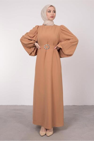 TRENDTESETTÜR KADIN KAHVE (KARAMEL) BALON KOLLU KEMERLİ ELBİSE T 6685