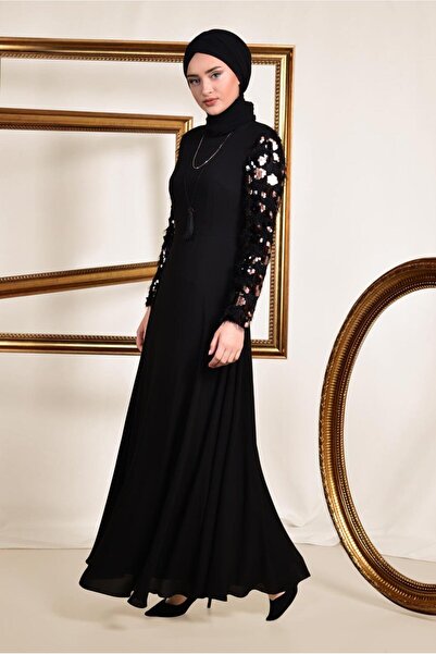 Alvina فستان بأكمام طويلة مزين بالترتر والأهداب 4891