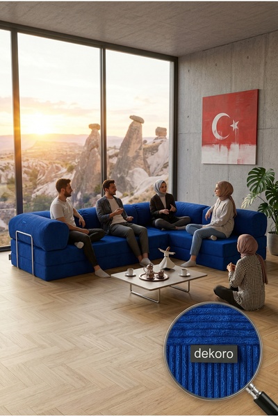 Dekoro YENY FİTİLLİ KADİFE KÖŞE KOLTUK, İKİ BÜYÜK YER YATAĞI, CIRTBANT BAĞLAN...