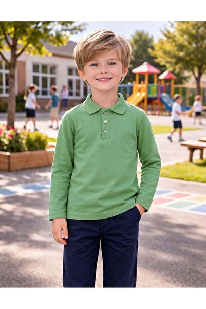 OrganicKid Polo Yaka Basic Yeşil Uzun Kollu Çocuk T-shirt
