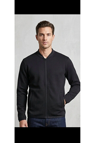 Ventuno Giyim Erkek Fermuarlı Cepli Basic Kapüşonsuz Hakim Yaka Sweatshirt Hırka