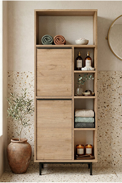 Robin Home Lidya Banyo Dolabı Çok Amaçlı Dolap 2 Kapaklı Metal Ayaklı Sepet