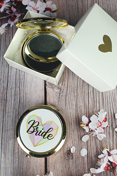 PEKSHOP Hediyelik Kutulu Makyaj Aynası, Altın Renk, Kalpli  Bride Yazılı