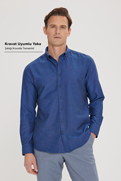 AC&Co / Altınyıldız Classics Ανδρικό Oxford Dark Navy - Κολάρο με κουμπιά, Ea...