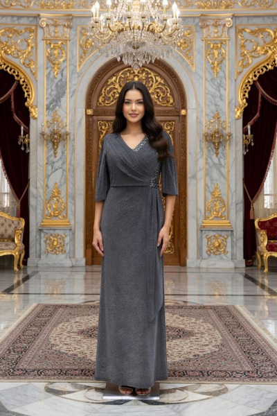 GÖKMEN GİYİM Simli V Yaka Taş Detaylı Abiye Elbise 2539