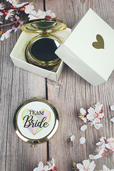 PEKSHOP Hediyelik Kutulu Makyaj Aynası, Altın Renk, Kalpli Team Bride Yazılı
