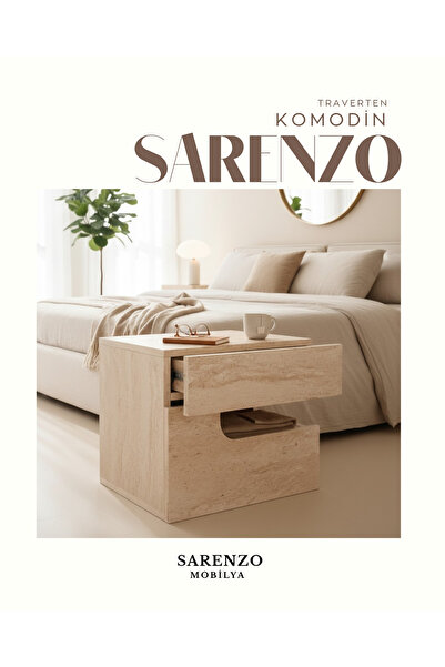 Sarenzo Traverten Görünümlü Çekmeceli Premium Komodin