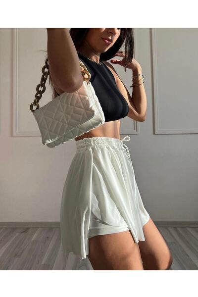 Genel Markalar Kadın Beyaz Bol Kesim Içi Taytlı Spor Şort Etek Beyaz