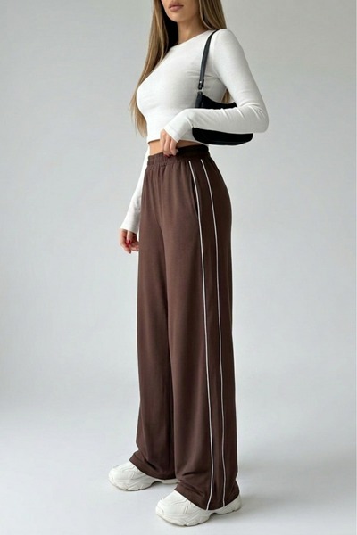 Grenj Fashion Καφέ με ρέλι φαρδύ μπατζάκι /Πλεκτό αθλητικό παντελόνι με φαρδύ...