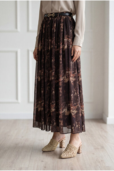 BENAHOLL Φούστα σιφόν με σχέδιο Müberra και ζώνη-FA1073 Καφέ
