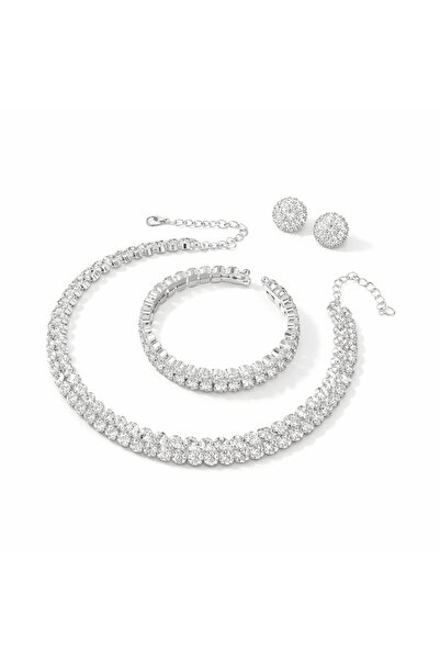 Pursehuit Set colier choker, brățară și cercei, culoare argintie, cu pietre, ...