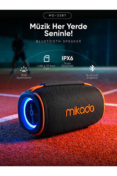 Mikado MD-33BT Siyah IPX6 60W RGB Işıklı 7200mAh TF KART+USB Destekli Bluetooth Hoparlör