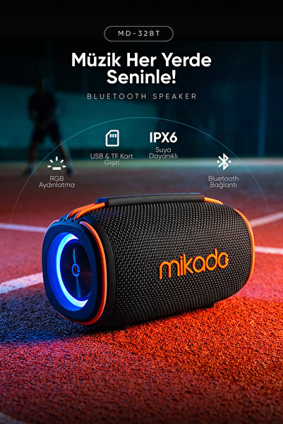 Mikado MD-32BT Siyah IPX6 30W RGB Işıklı 4500mAh TF KART+USB Destekli Bluetooth Hoparlör