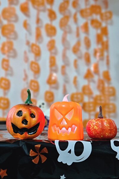 PEKSHOP Halloween 3 lü Bal Kabağı Süs Seti Işıklı Balkabağı Mum Gülen Balkaba...