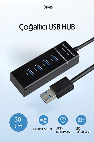 Divex USB Çoklayıcı USB 3.0 4 Portlu Hub Çoğaltıcı 5Gbps 30 cm Kablolu