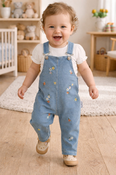 EYMİRGİYİM Çiçekli Salopet Kız Bebek Çocuk 3'lü Takım 6/9 Ay, 9/12 Ay, 12/18 ...